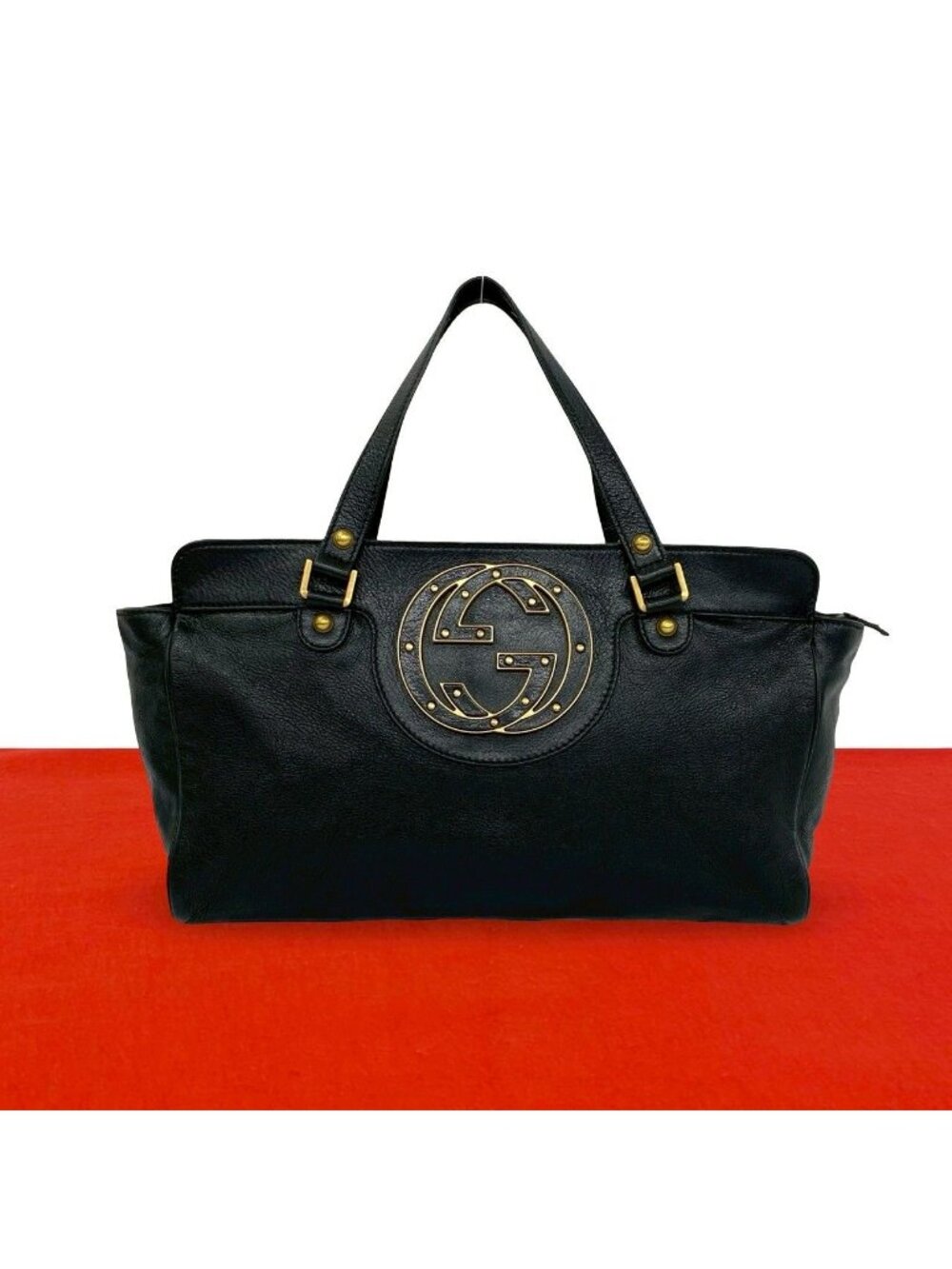 Gucci Interlocking Studs Leather Mini Tote Boston Bag Black